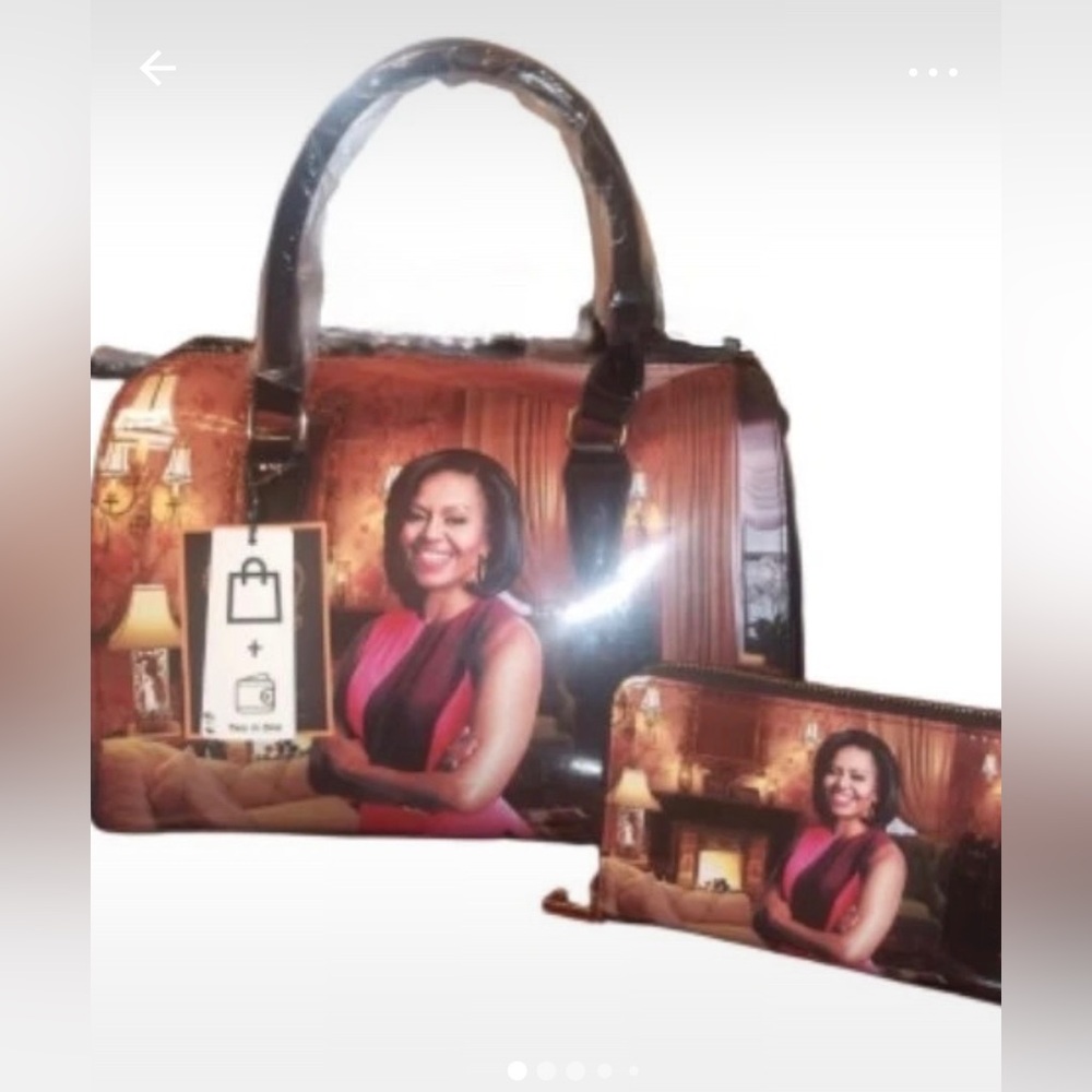 Diophy Michele Obama Dome Tote and Wallet Set - Pink/Brown Portrait Design